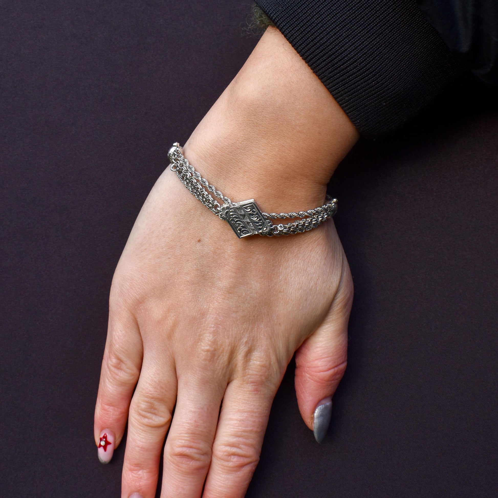 Antique Silver Multi-Strand Albertina Albert Chain Bracelet with Heart