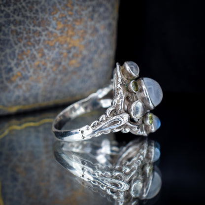 Antique Austro-Hungarian Silver Moonstone and Peridot Ring