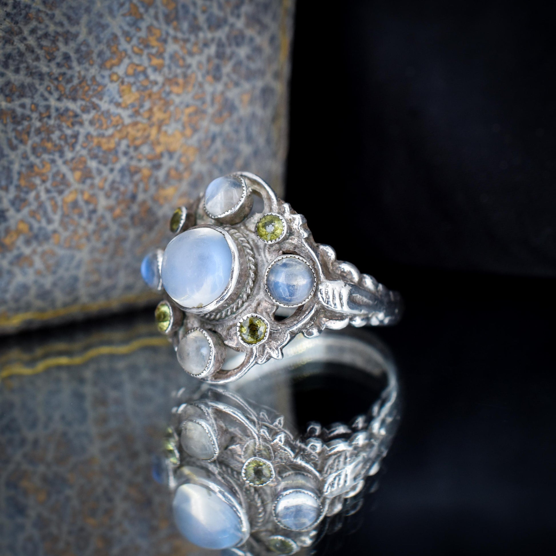 Antique Austro-Hungarian Silver Moonstone and Peridot Ring
