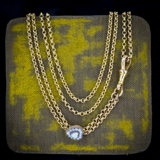Antique Guard Muff Chain Necklace with Dog Clip and Opal Heart Slider | 27"