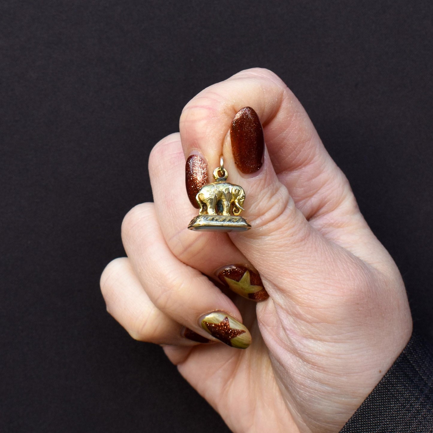 Antique Chalcedony Elephant Gold Cased Ornate Fob Seal Pendant