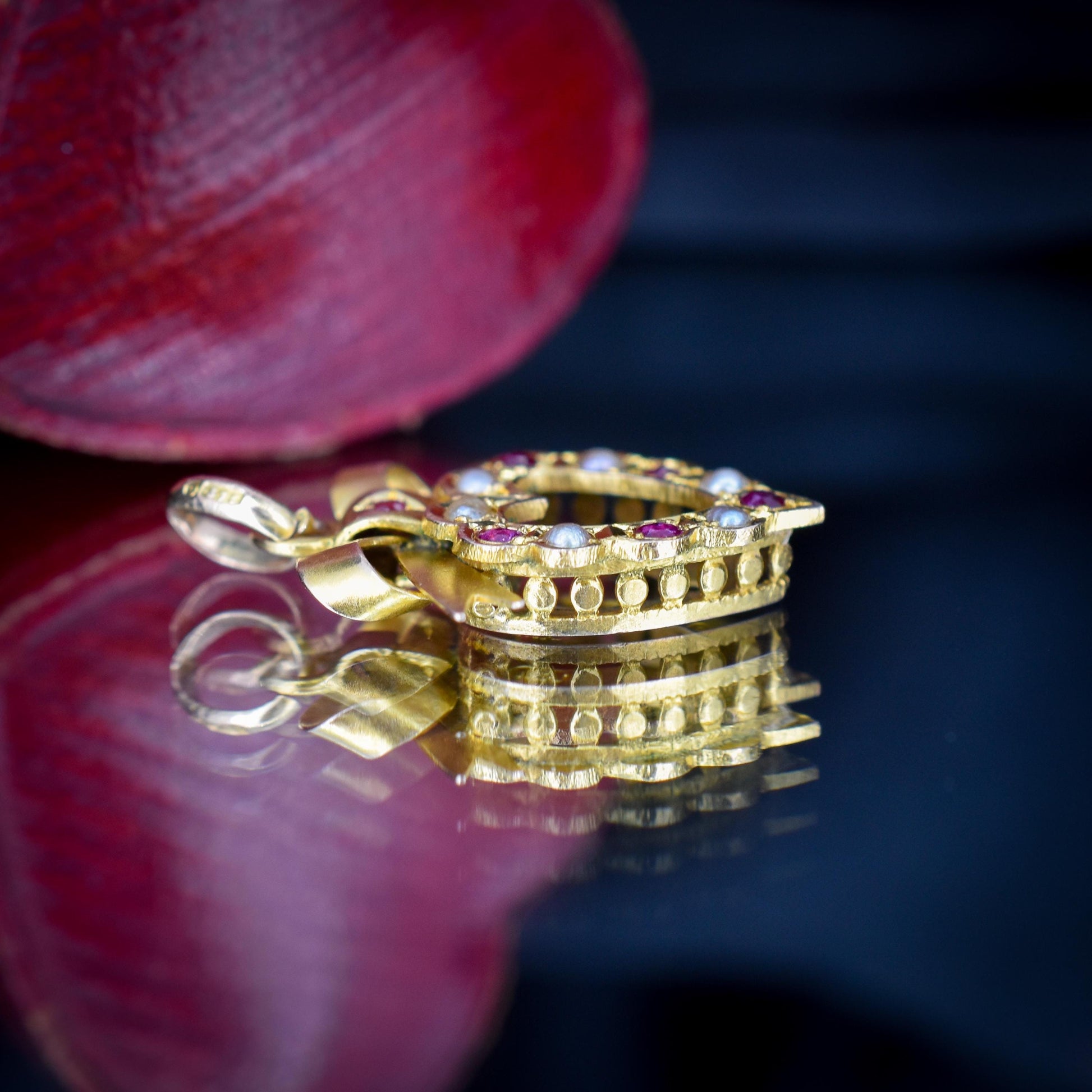 Antique '1902' Ruby and Pearl 9ct Gold Heart Bow Pendant