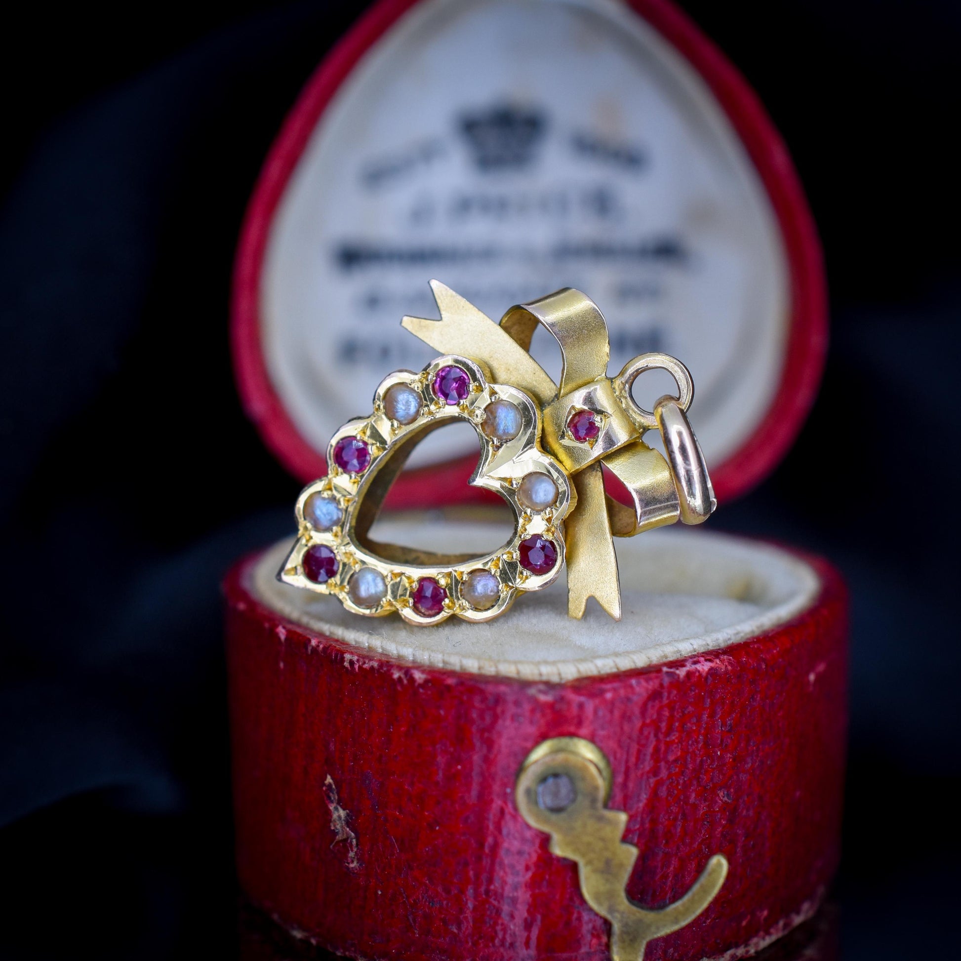 Antique '1902' Ruby and Pearl 9ct Gold Heart Bow Pendant