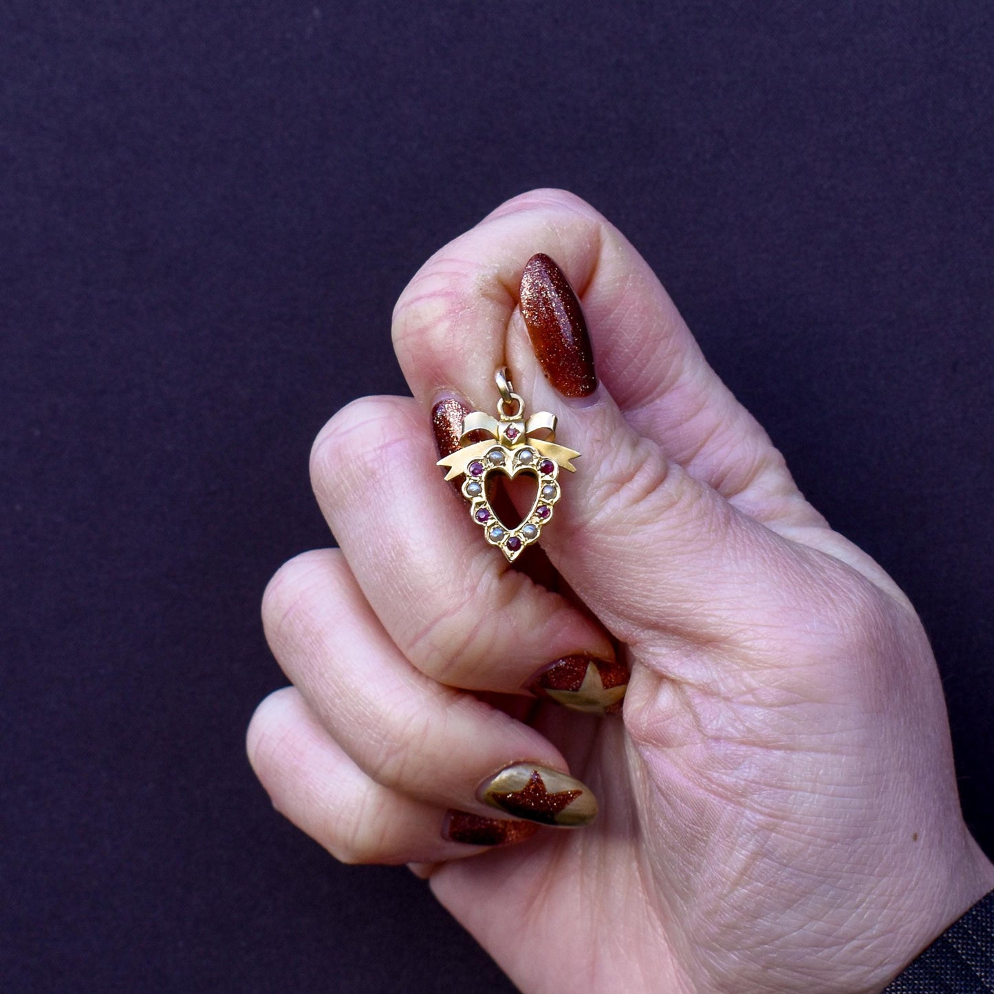 Antique '1902' Ruby and Pearl 9ct Gold Heart Bow Pendant