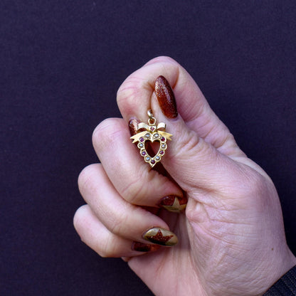 Antique '1902' Ruby and Pearl 9ct Gold Heart Bow Pendant