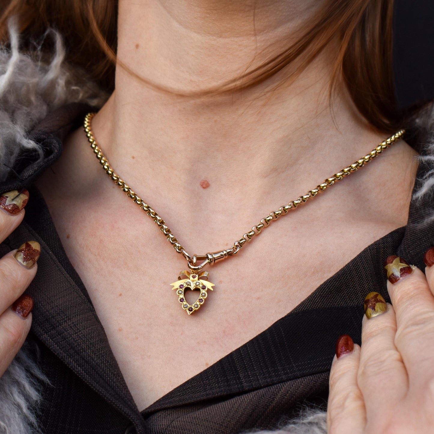 Antique '1902' Ruby and Pearl 9ct Gold Heart Bow Pendant