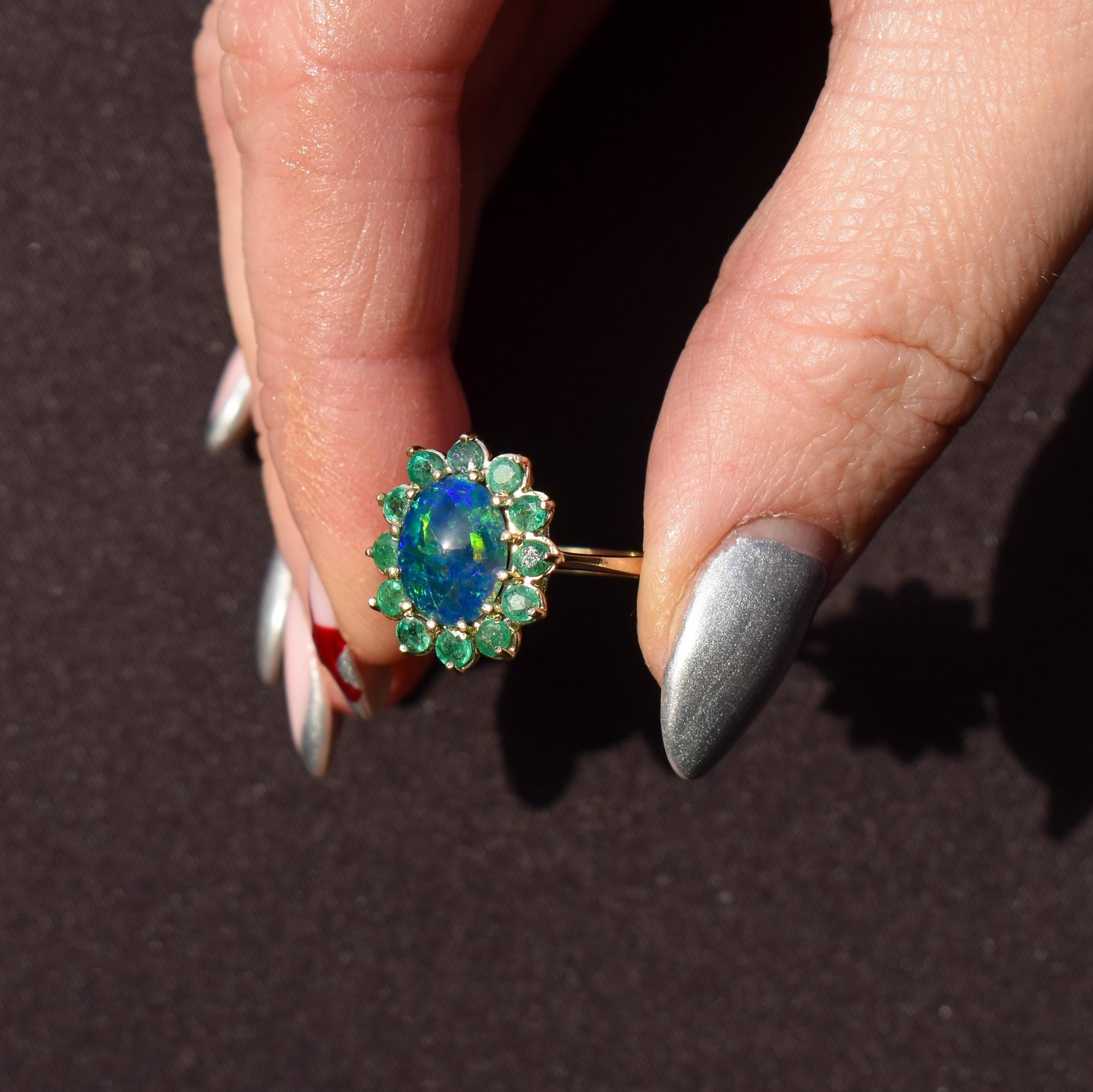 Black Opal Triplet and Emerald Halo Cluster 9ct Yellow Gold Ring