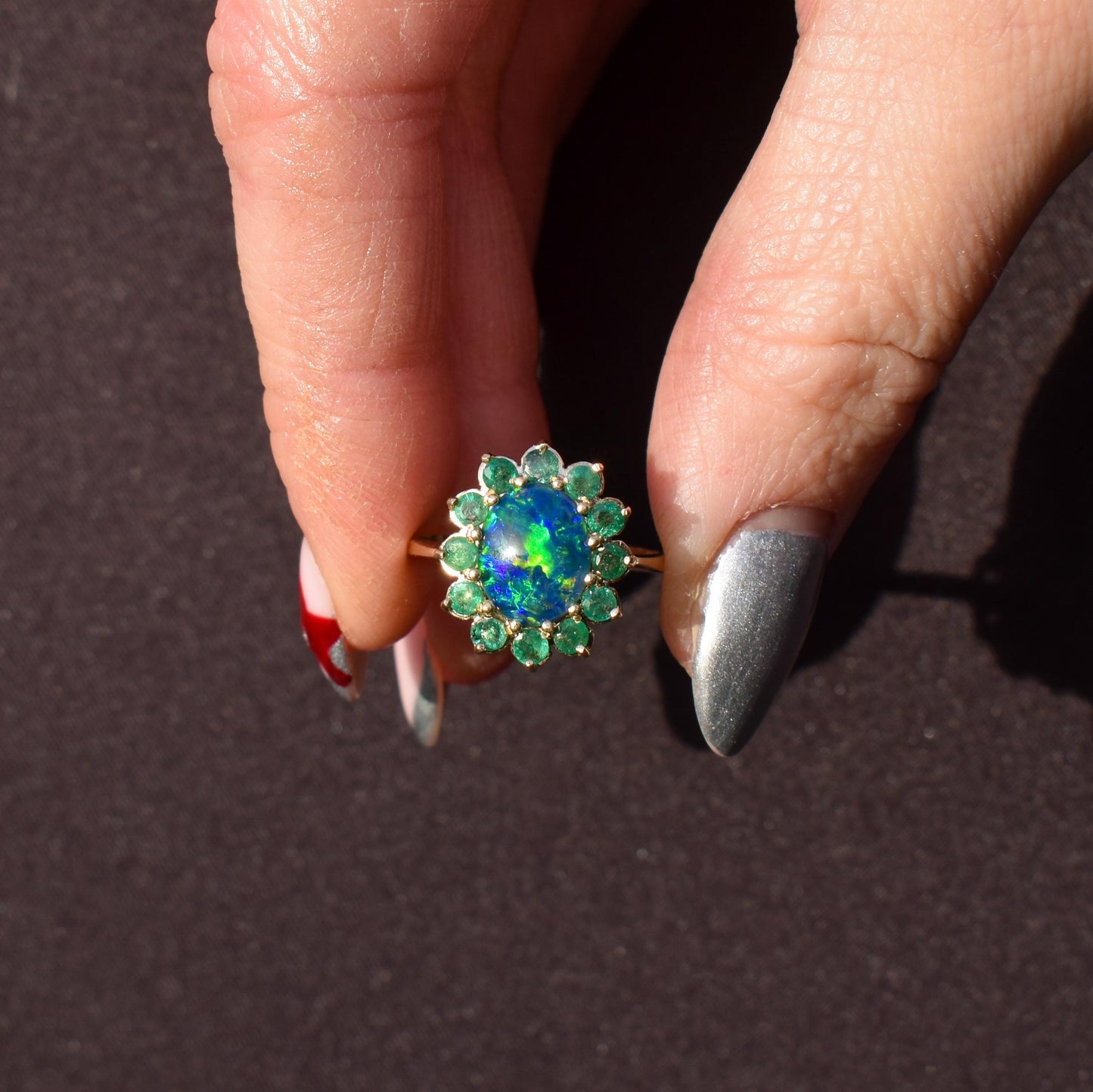 Black Opal Triplet and Emerald Halo Cluster 9ct Yellow Gold Ring
