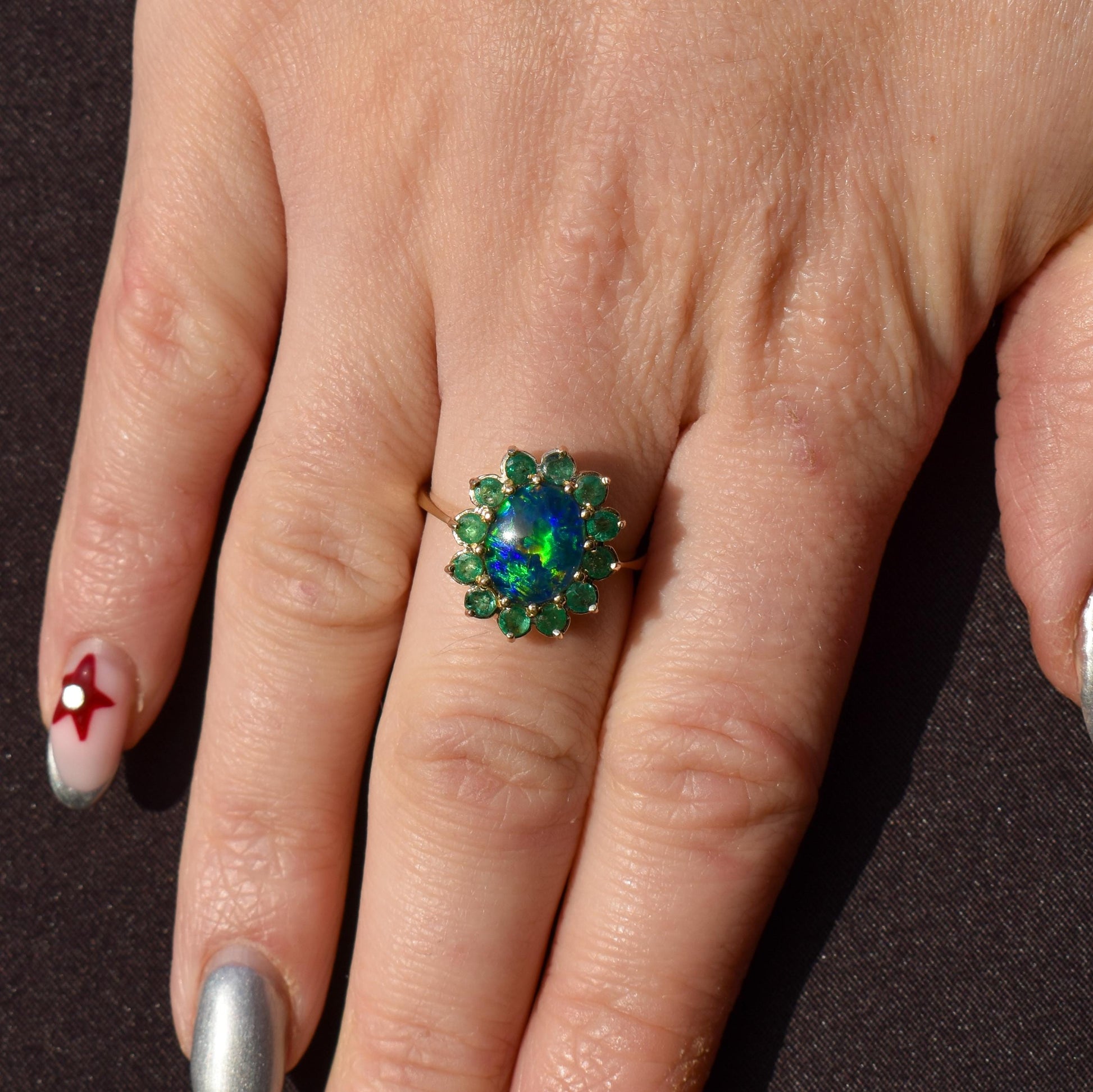 Black Opal Triplet and Emerald Halo Cluster 9ct Yellow Gold Ring