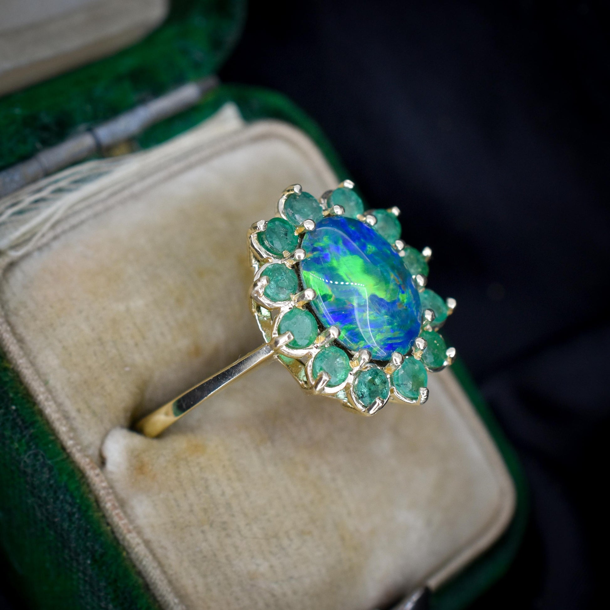 Black Opal Triplet and Emerald Halo Cluster 9ct Yellow Gold Ring