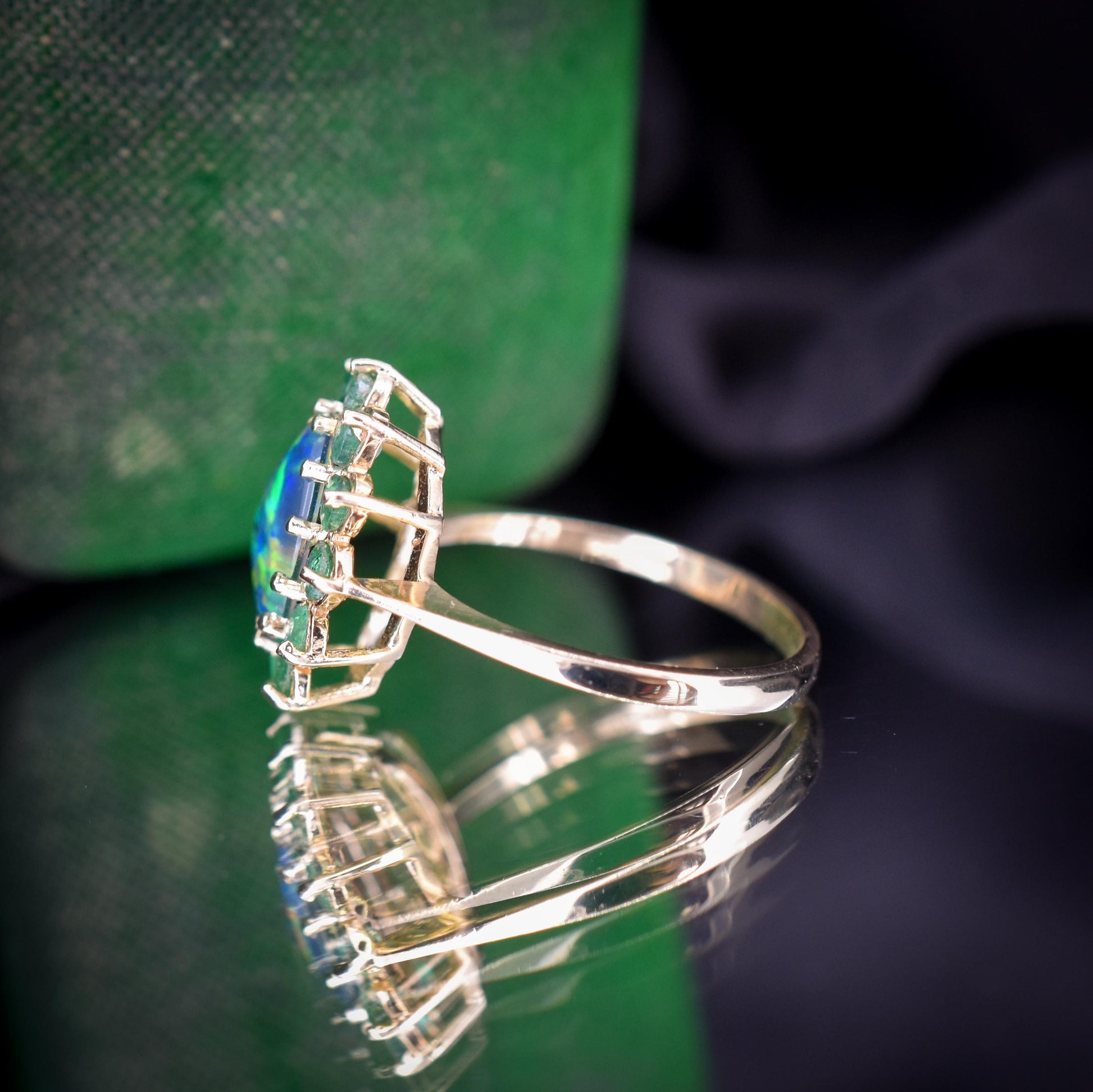 Black Opal Triplet and Emerald Halo Cluster 9ct Yellow Gold Ring