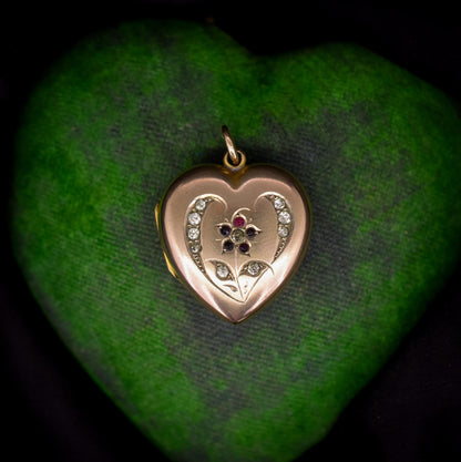 Antique 9ct Gold Floral Paste Heart Locket Pendant