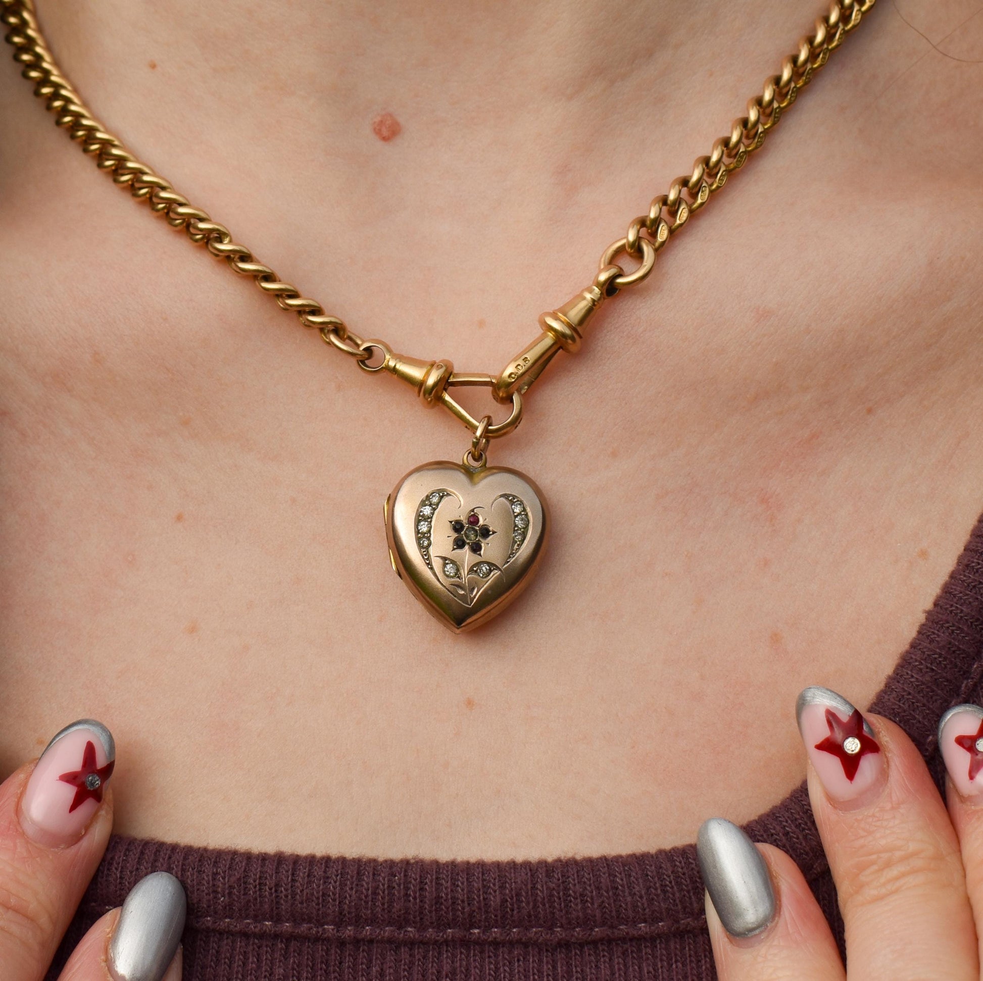 Antique 9ct Gold Floral Paste Heart Locket Pendant