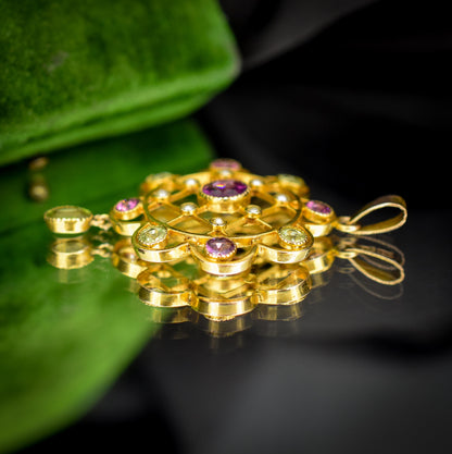 Antique Peridot Pearl and Almadine Garnet 9ct Gold Pendant | Murrle Bennett