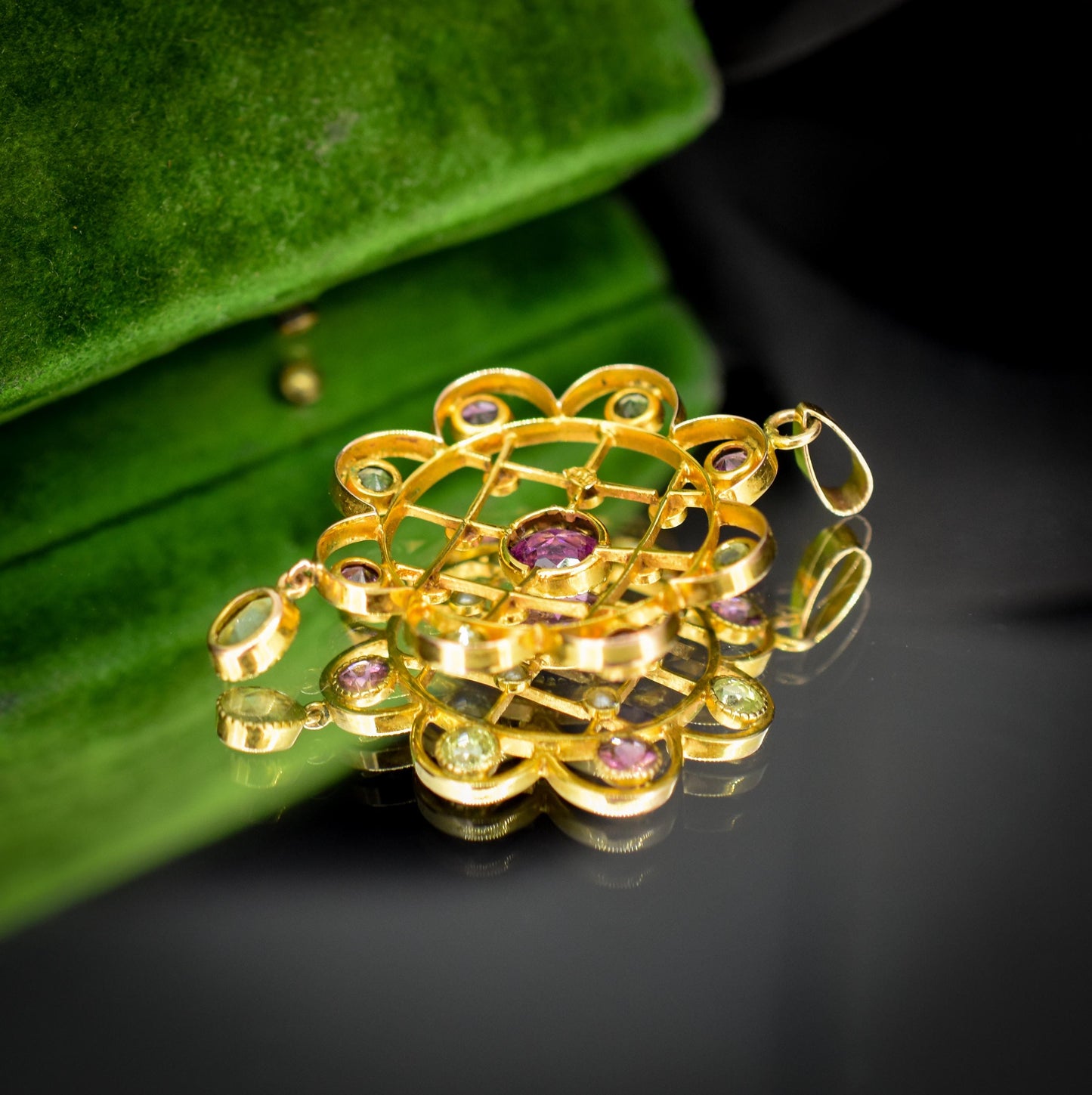 Antique Peridot Pearl and Almadine Garnet 9ct Gold Pendant | Murrle Bennett
