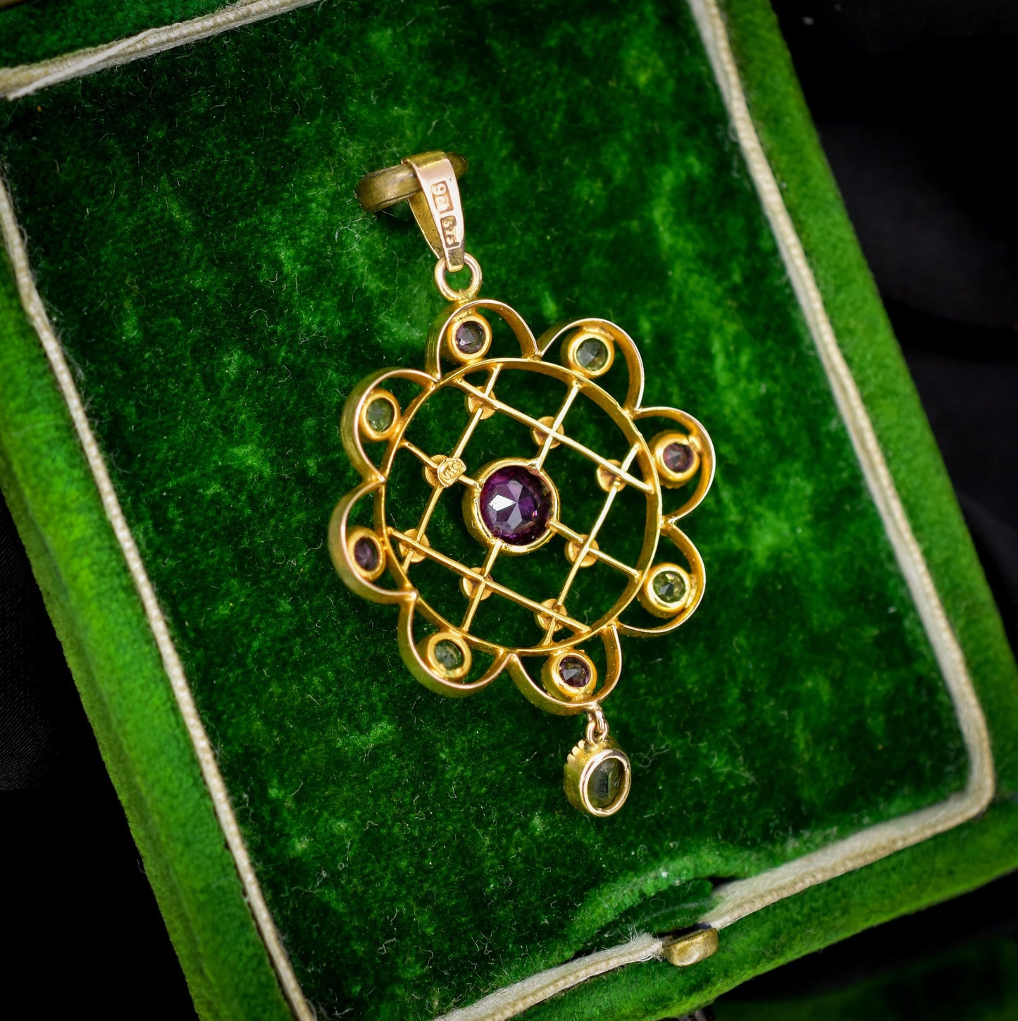 Antique Peridot Pearl and Almadine Garnet 9ct Gold Pendant | Murrle Bennett