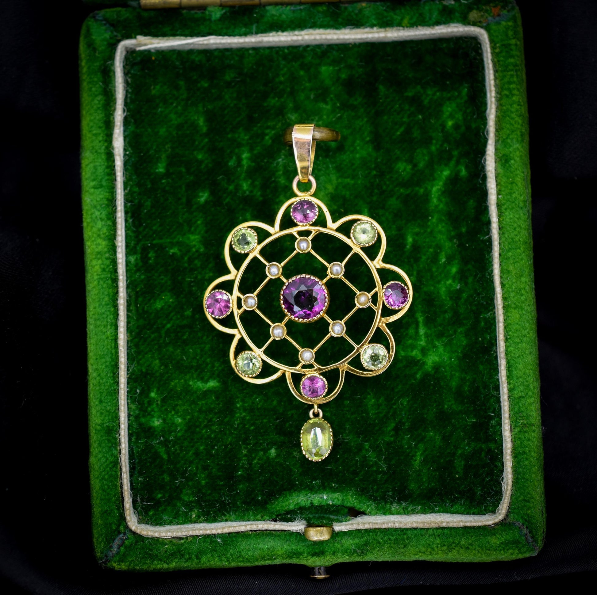 Antique Peridot Pearl and Almadine Garnet 9ct Gold Pendant | Murrle Bennett