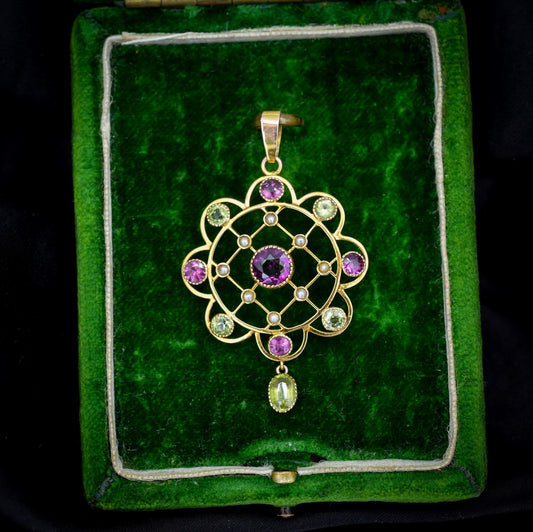 Antique Peridot Pearl and Almadine Garnet 9ct Gold Pendant | Murrle Bennett