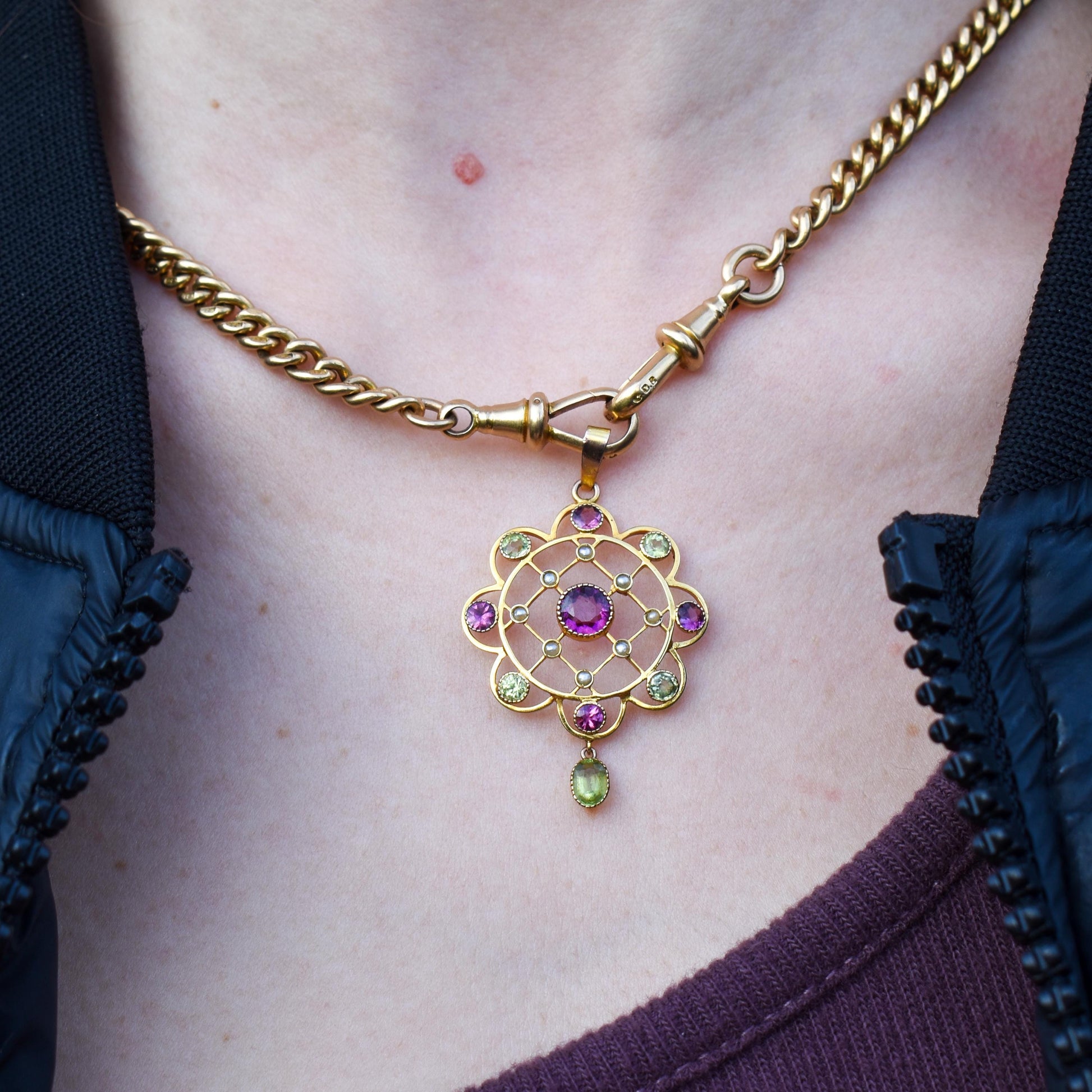 Antique Peridot Pearl and Almadine Garnet 9ct Gold Pendant | Murrle Bennett