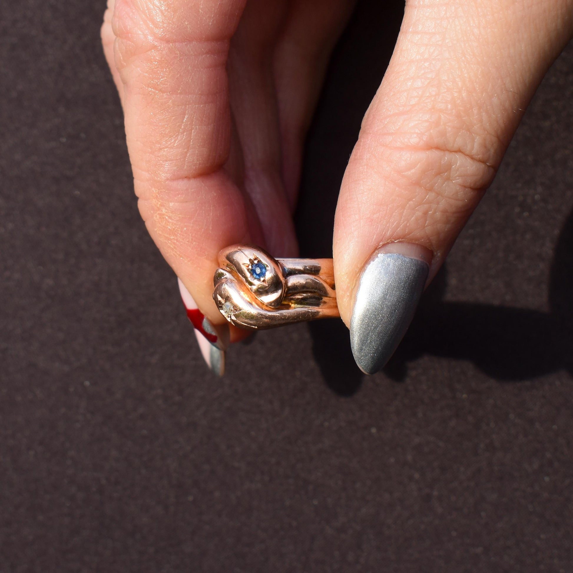 Antique Diamond and Sapphire Snake Serpent 9ct Gold Band Ring | Chester 1904