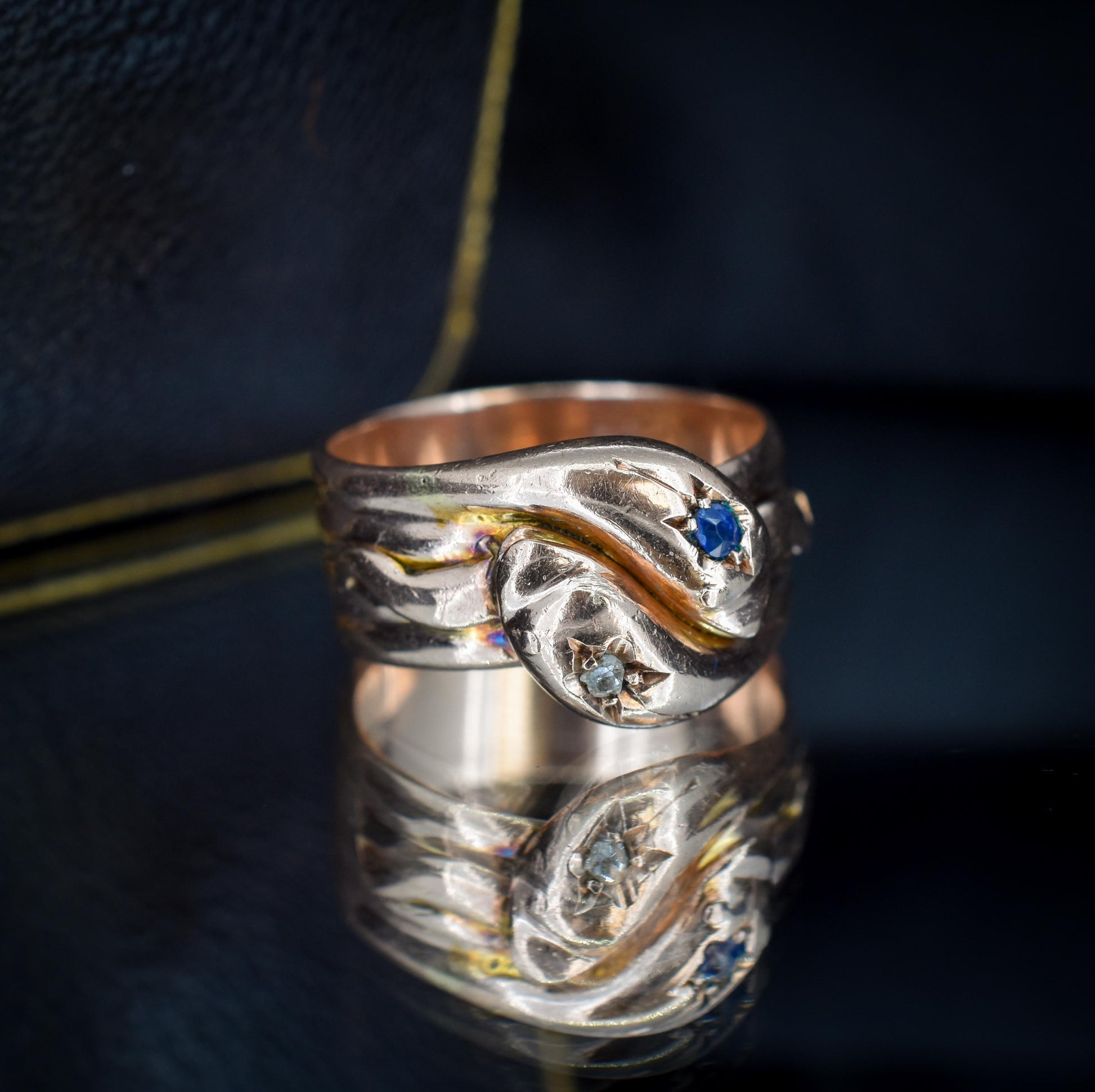 Antique Diamond and Sapphire Snake Serpent 9ct Gold Band Ring | Chester 1904