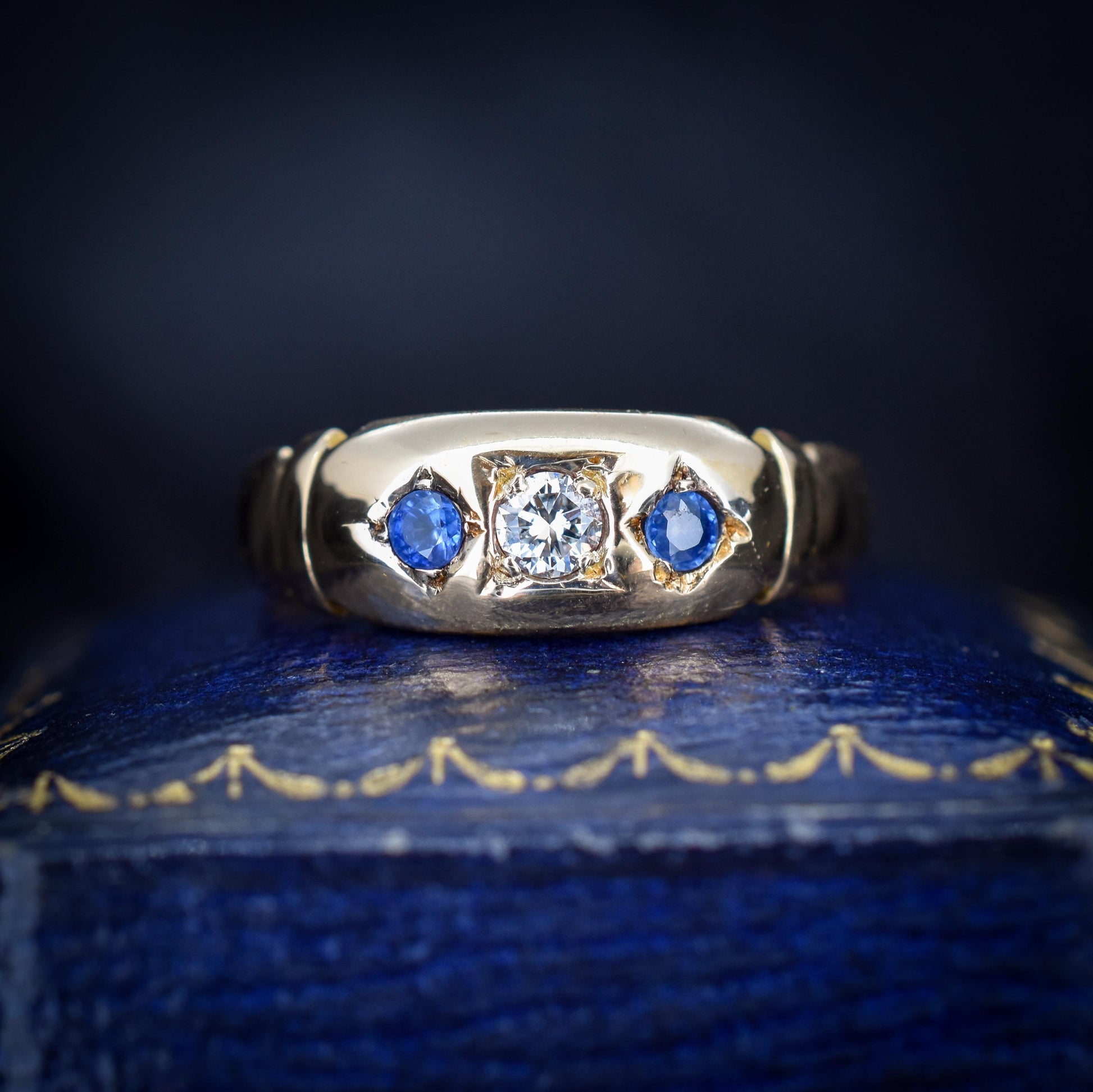 Antique Victorian Sapphire and Diamond Gypsy 18ct Yellow Gold Ring - Dated 1883
