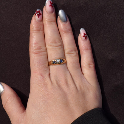 Antique Victorian Sapphire and Diamond Gypsy 18ct Yellow Gold Ring - Dated 1883