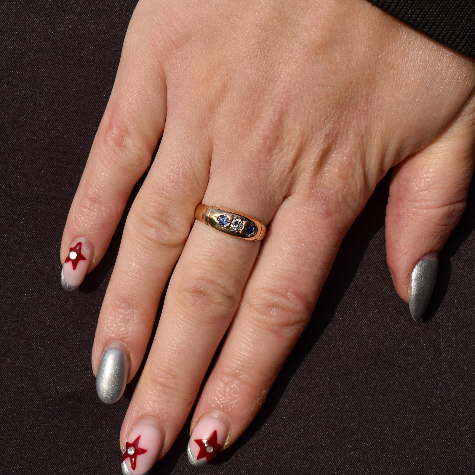 Antique Victorian Sapphire and Diamond Gypsy 18ct Yellow Gold Ring - Dated 1883