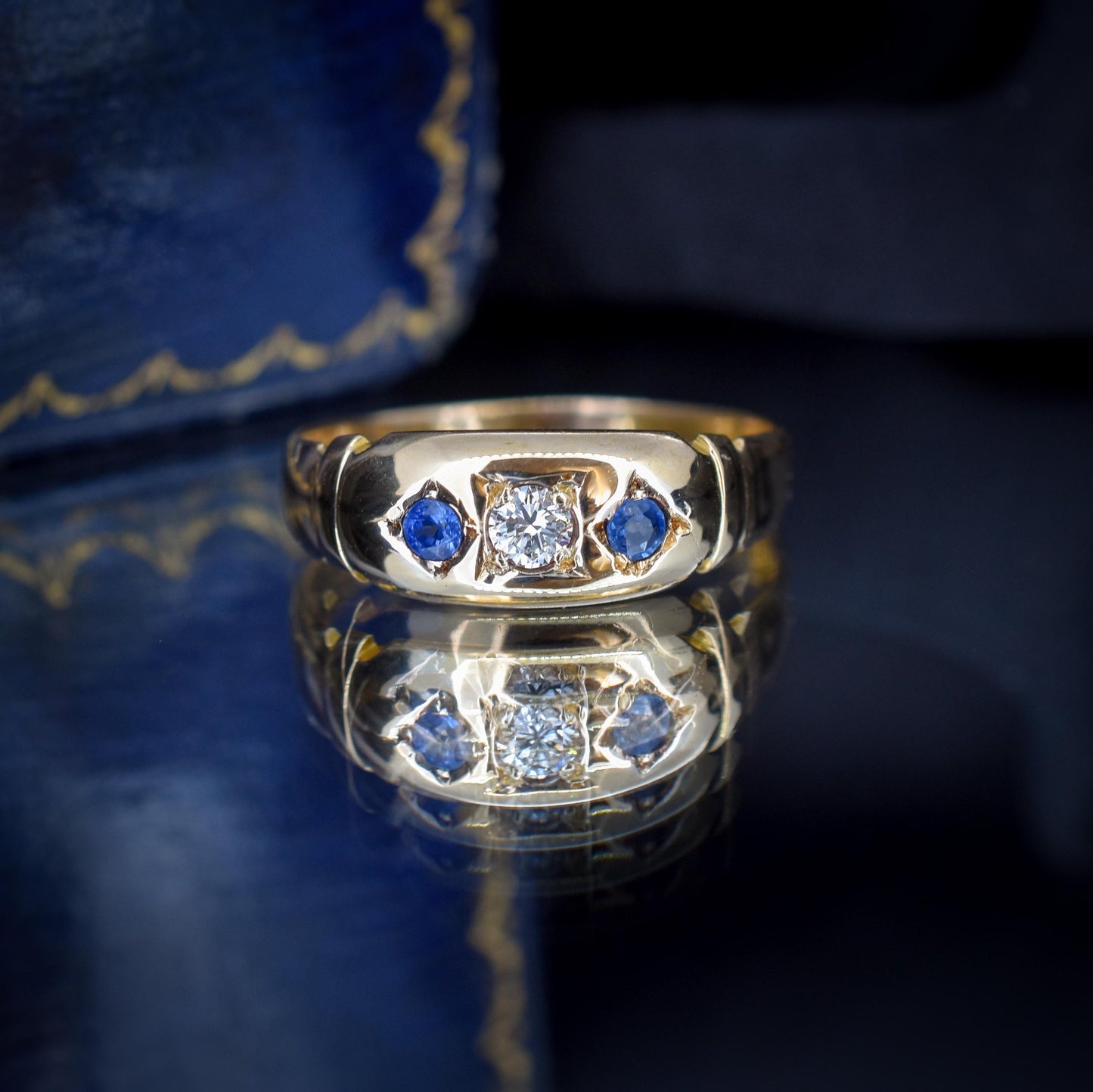 Antique Victorian Sapphire and Diamond Gypsy 18ct Yellow Gold Ring - Dated 1883