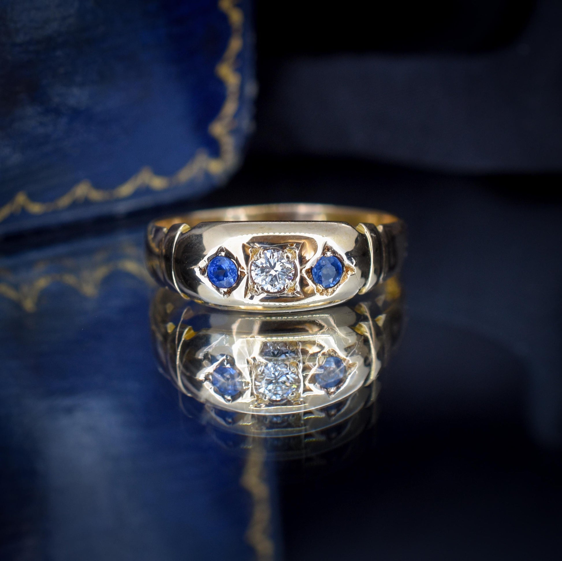 Antique Victorian Sapphire and Diamond Gypsy 18ct Yellow Gold Ring - Dated 1883