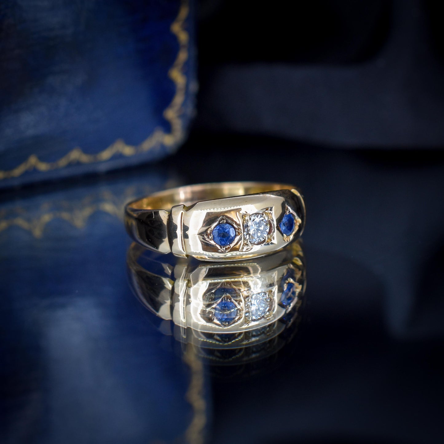 Antique Victorian Sapphire and Diamond Gypsy 18ct Yellow Gold Ring - Dated 1883