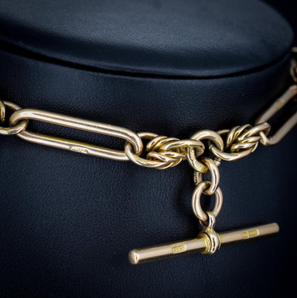 Antique 15ct Gold Love Knot and Trombone Watch Chain with Dog Clip | 11.5"