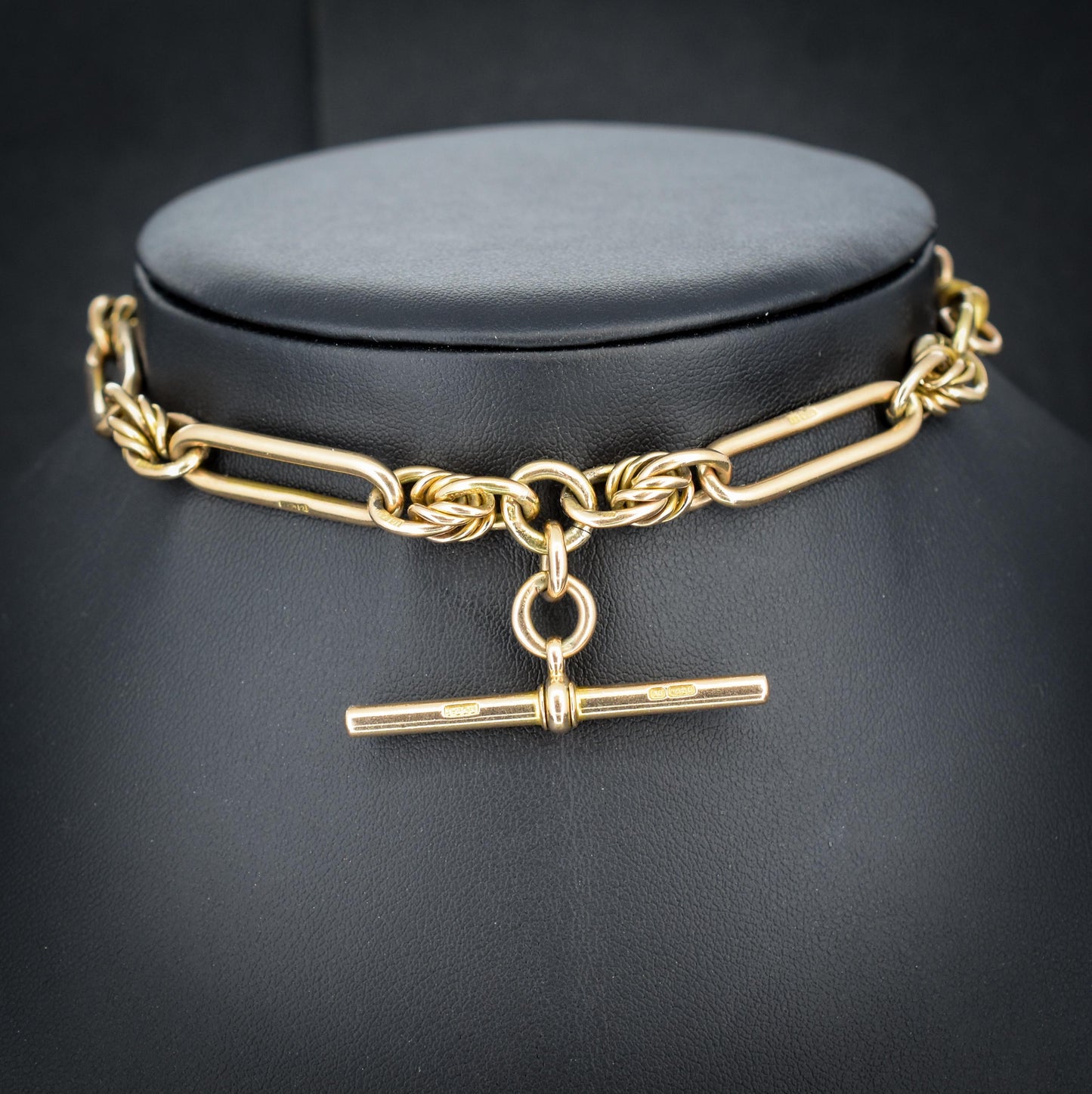 Antique 15ct Gold Love Knot and Trombone Watch Chain with Dog Clip | 11.5"