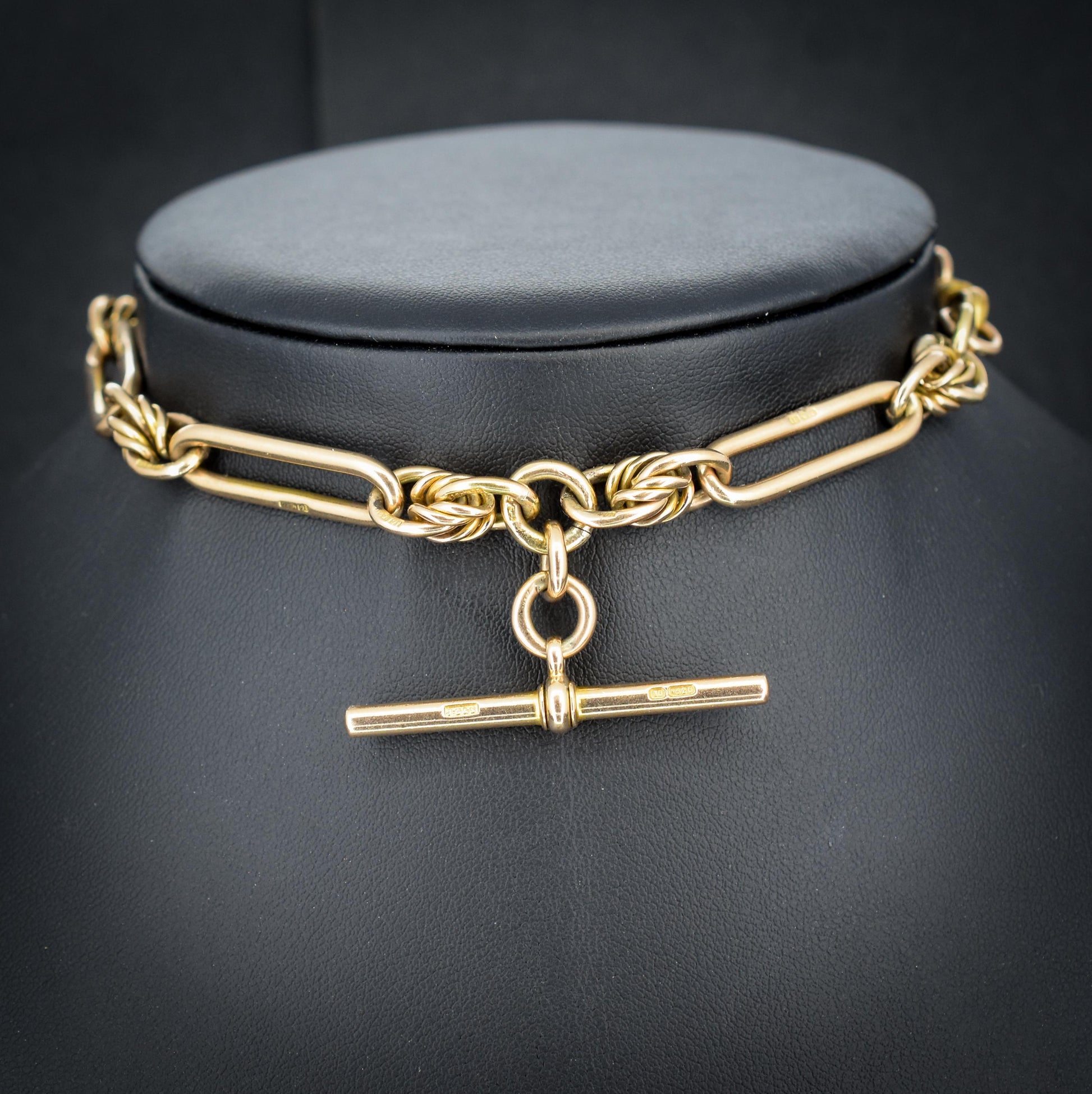 Antique 15ct Gold Love Knot and Trombone Watch Chain with Dog Clip | 11.5"