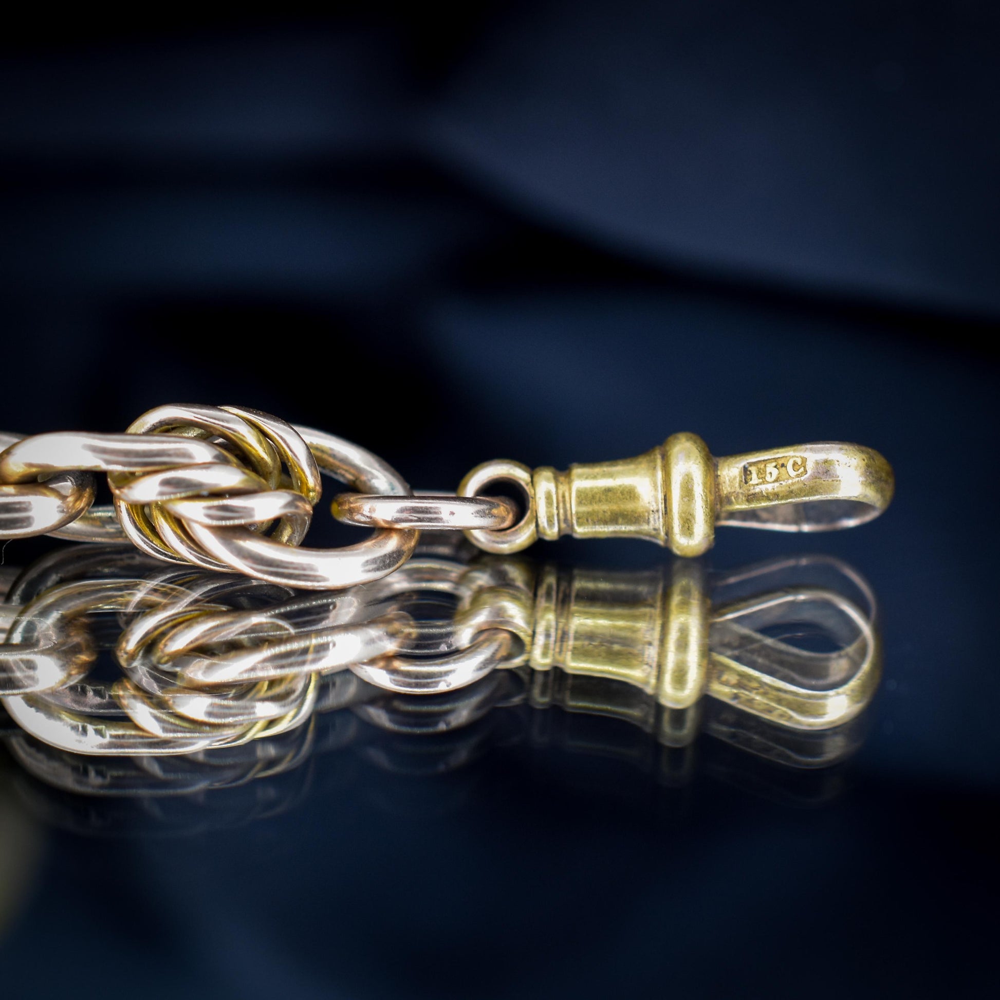 Antique 15ct Gold Love Knot and Trombone Watch Chain with Dog Clip | 11.5"