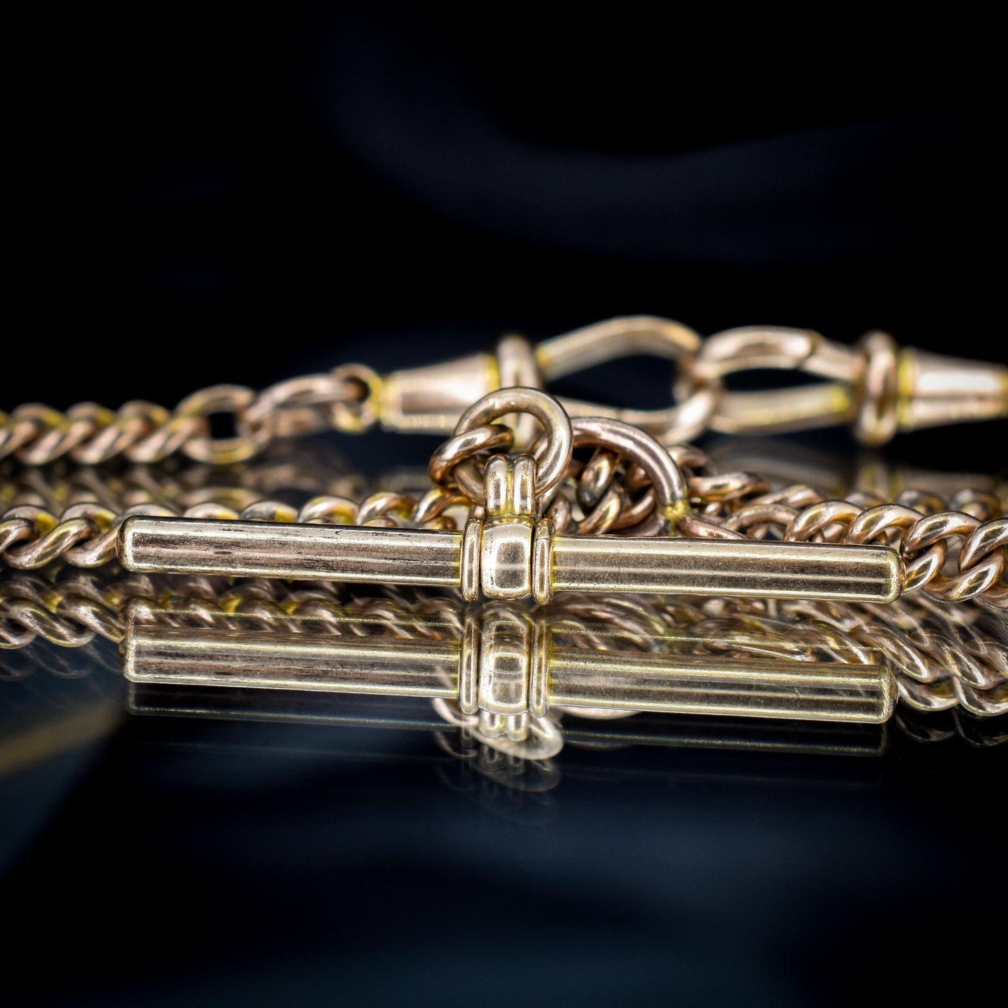 Antique Rolled Gold Curb Albert Chain Necklace | T-Bar and Dog Clips and Fob 16.75"