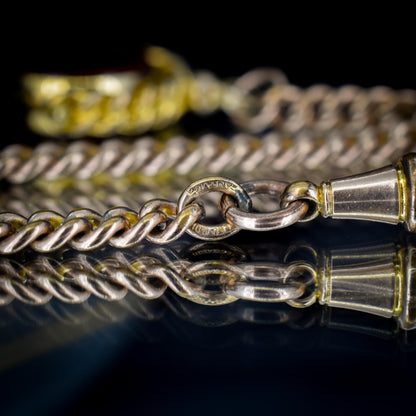 Antique Rolled Gold Curb Albert Chain Necklace | T-Bar and Dog Clips and Fob 16.75"