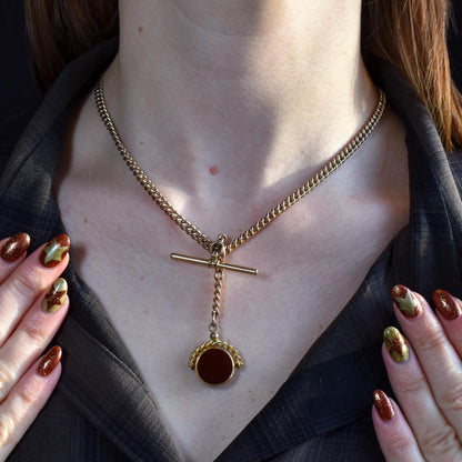 Antique Rolled Gold Curb Albert Chain Necklace | T-Bar and Dog Clips and Fob 16.75"