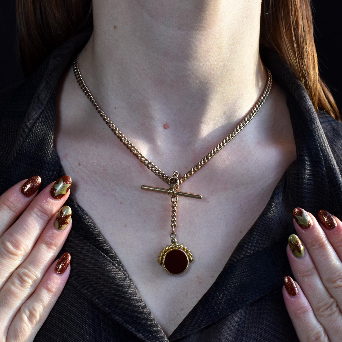 Antique Rolled Gold Curb Albert Chain Necklace | T-Bar and Dog Clips and Fob 16.75"