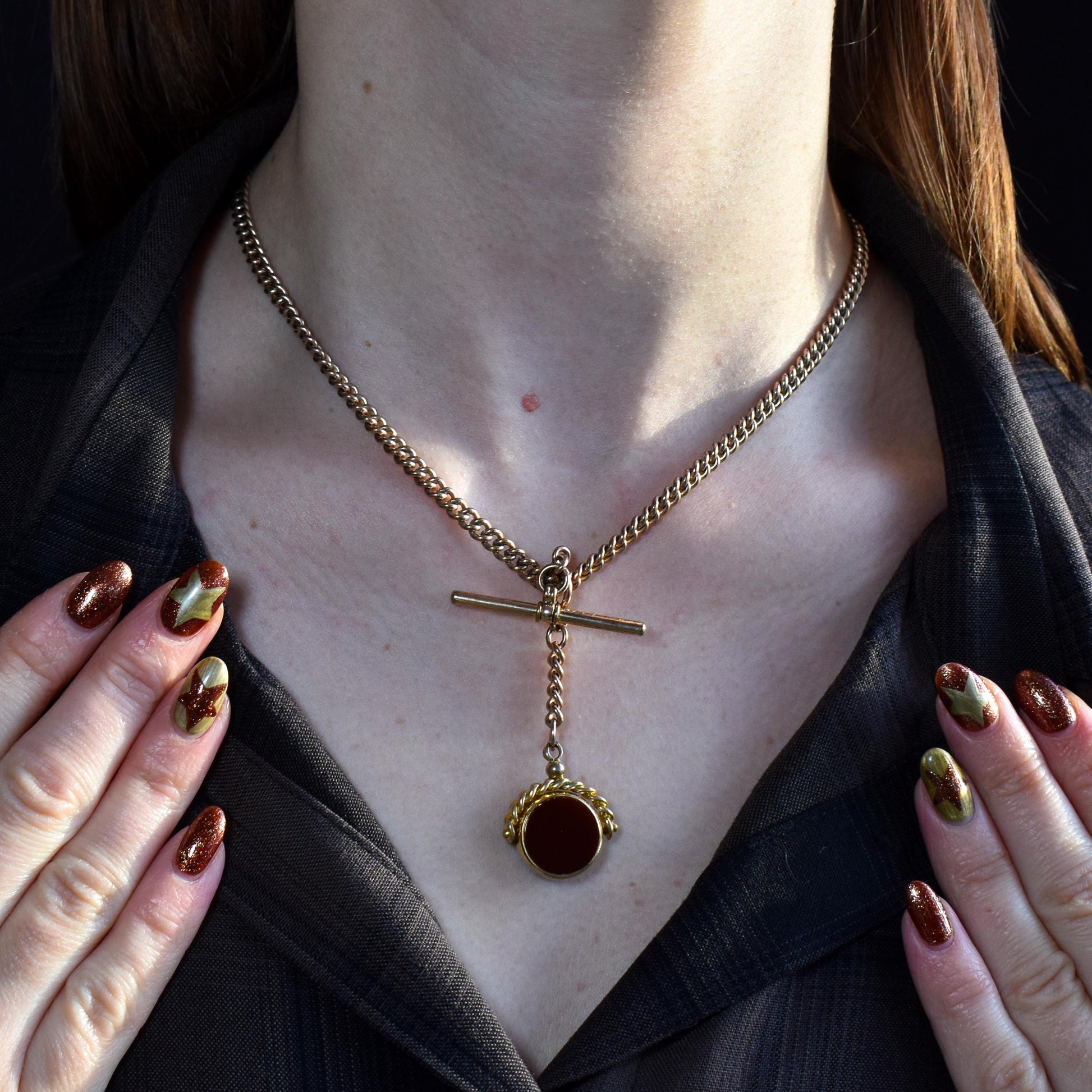 Antique Rolled Gold Curb Albert Chain Necklace | T-Bar and Dog Clips and Fob 16.75"