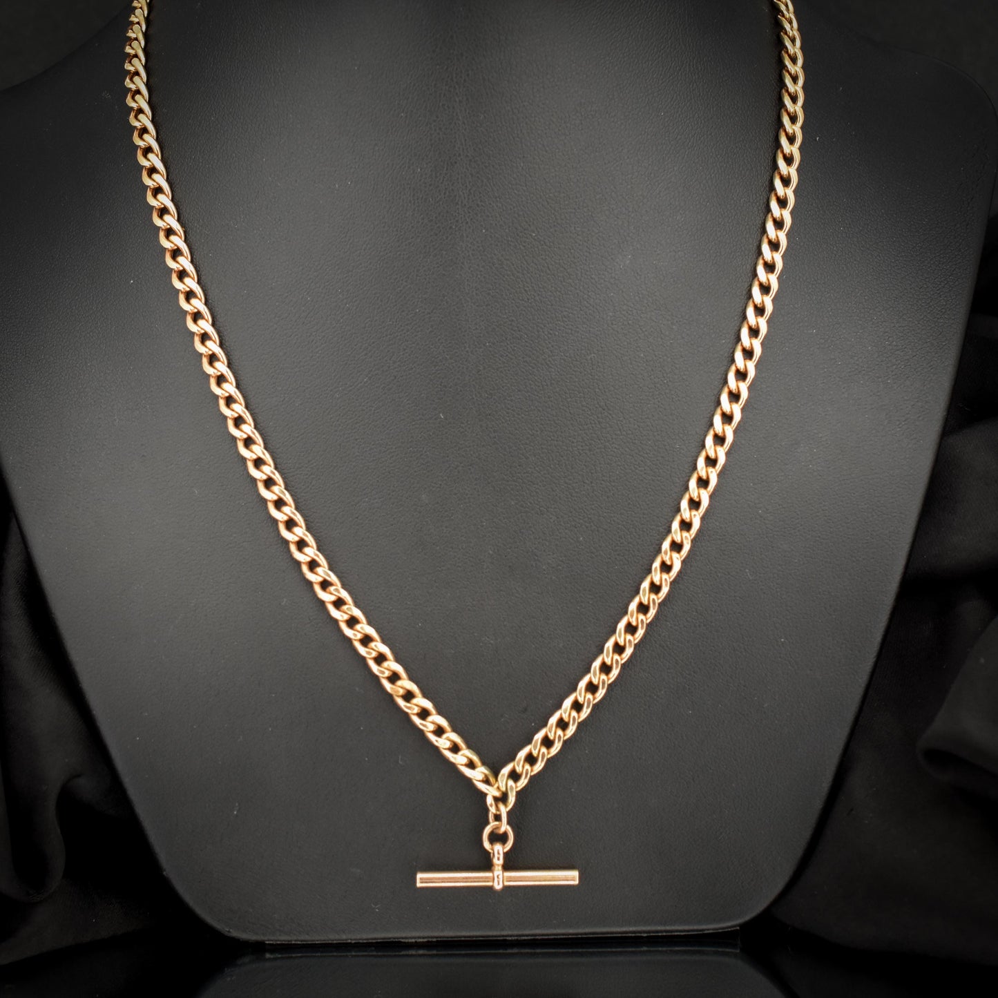 Vintage 18.75" 9ct Rose Gold Curb Link Double Albert Watch Chain Necklace