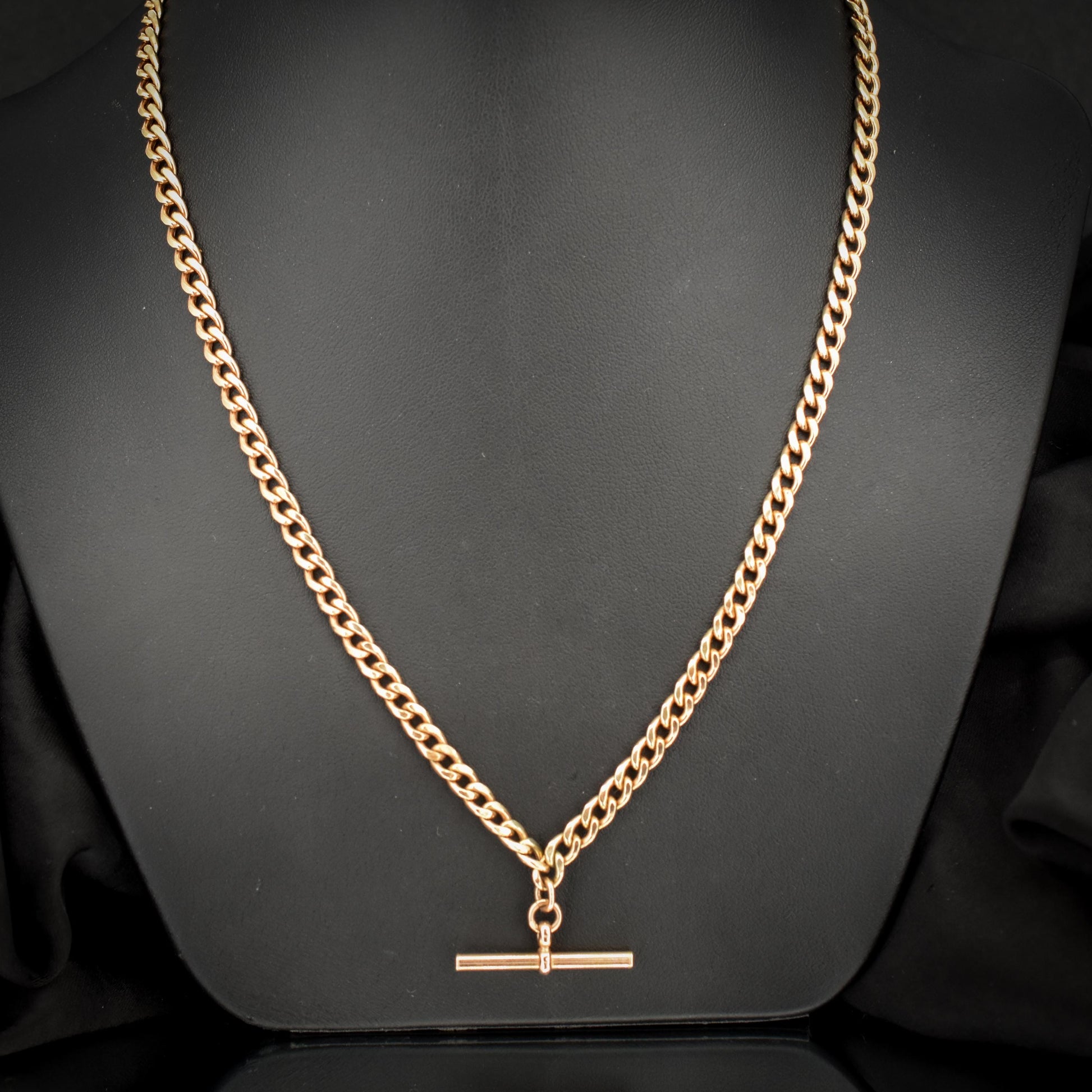 Vintage 18.75" 9ct Rose Gold Curb Link Double Albert Watch Chain Necklace