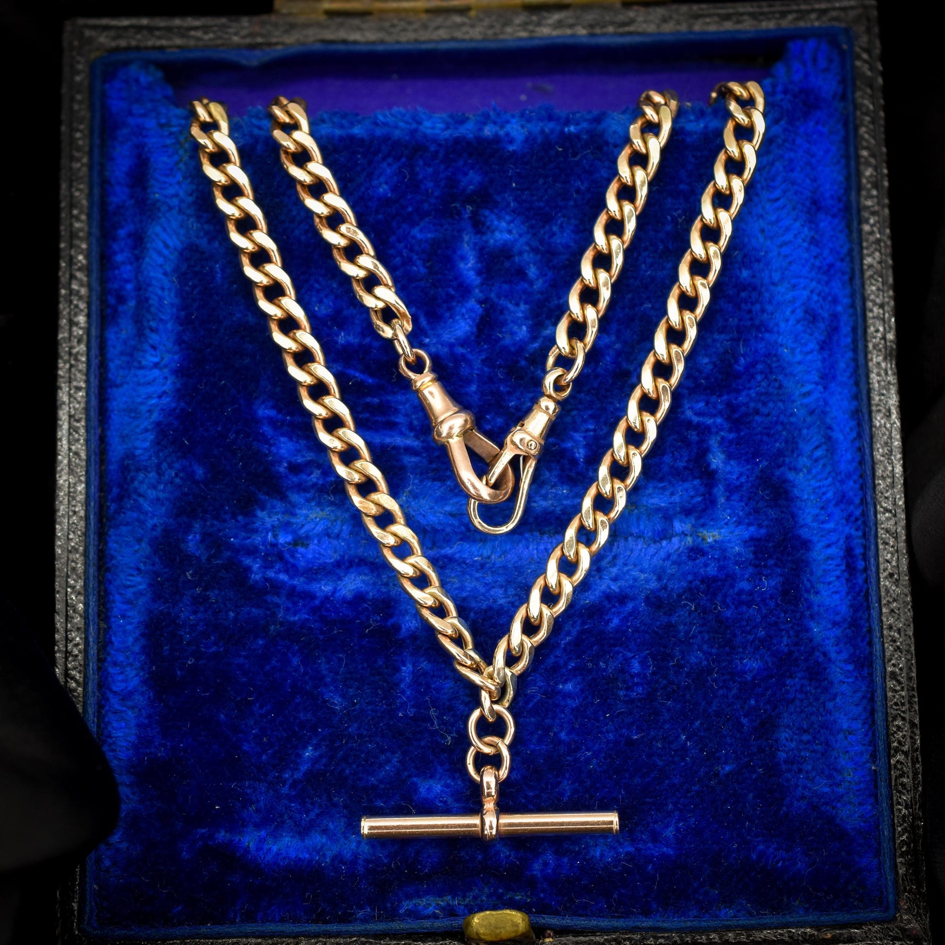 Vintage 18.75" 9ct Rose Gold Curb Link Double Albert Watch Chain Necklace