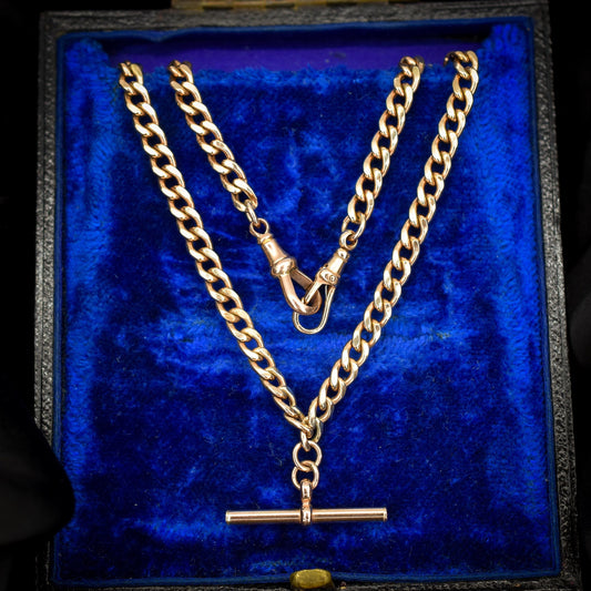Vintage 18.75" 9ct Rose Gold Curb Link Double Albert Watch Chain Necklace