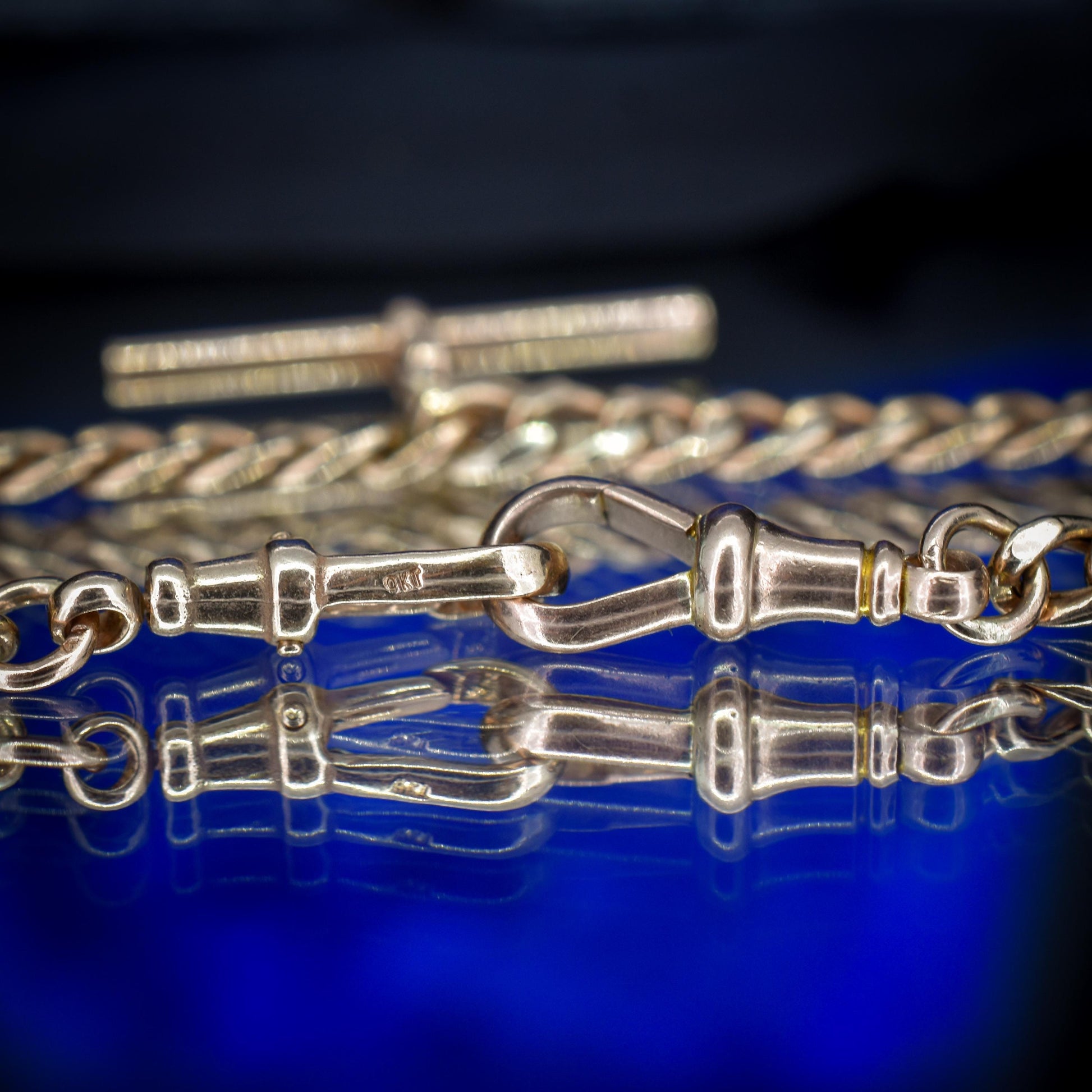 Vintage 18.75" 9ct Rose Gold Curb Link Double Albert Watch Chain Necklace