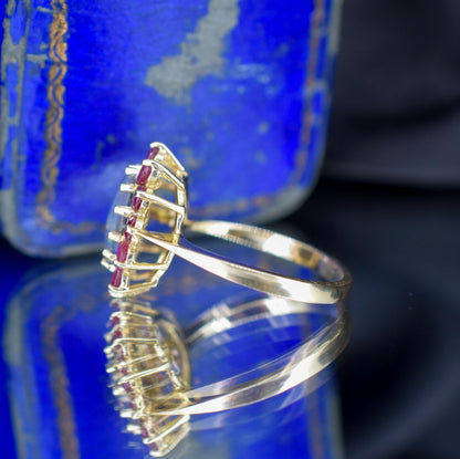 Opal Triplet and Ruby Halo Cluster 9ct Yellow Gold Ring