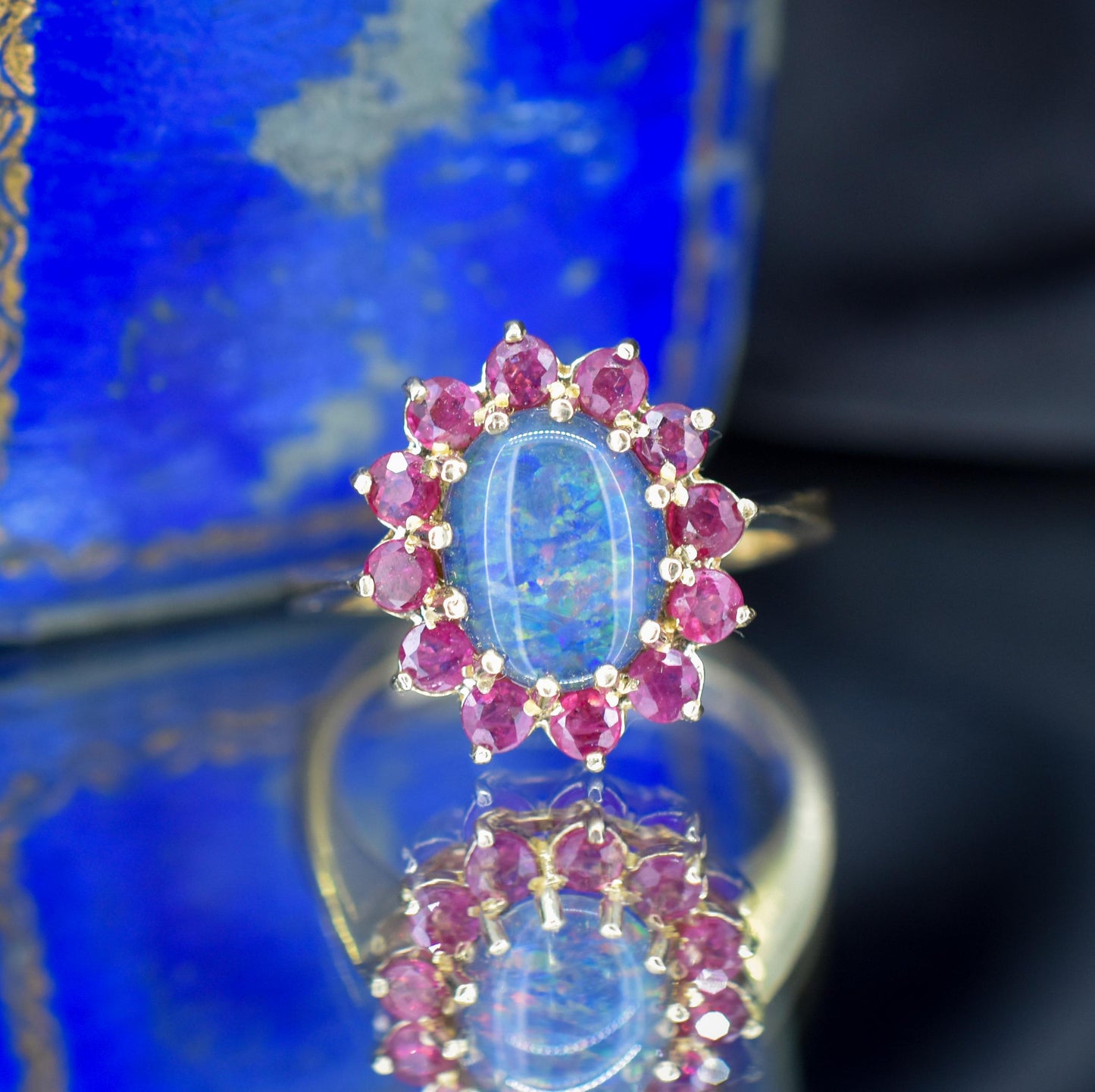 Opal Triplet and Ruby Halo Cluster 9ct Yellow Gold Ring