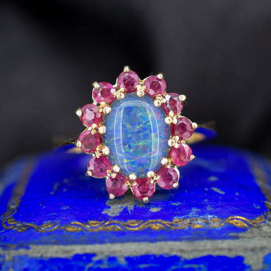 Opal Triplet and Ruby Halo Cluster 9ct Yellow Gold Ring