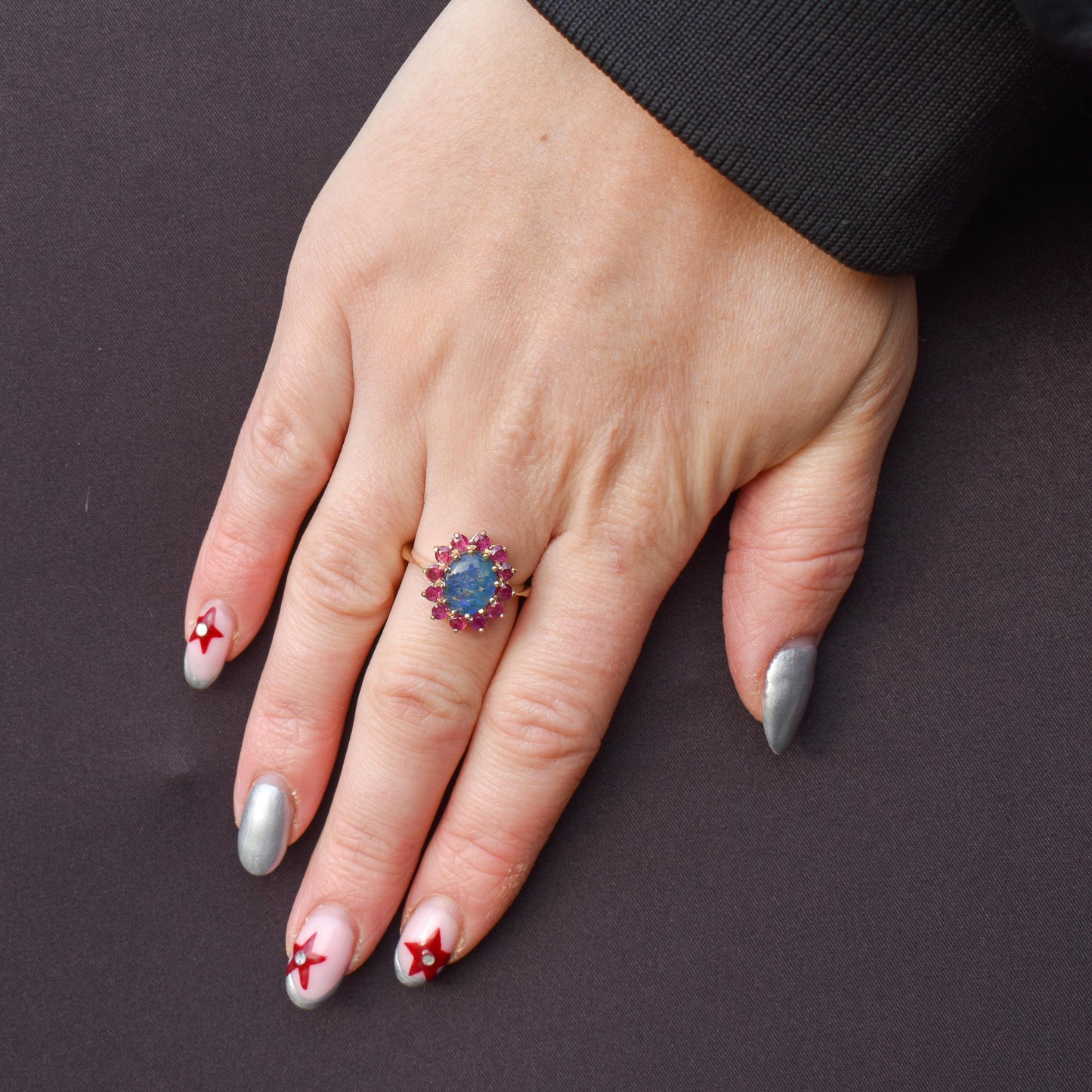 Opal Triplet and Ruby Halo Cluster 9ct Yellow Gold Ring