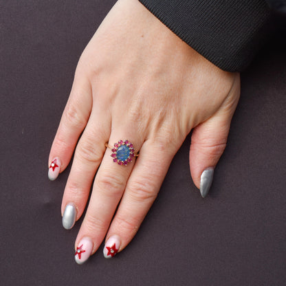 Opal Triplet and Ruby Halo Cluster 9ct Yellow Gold Ring